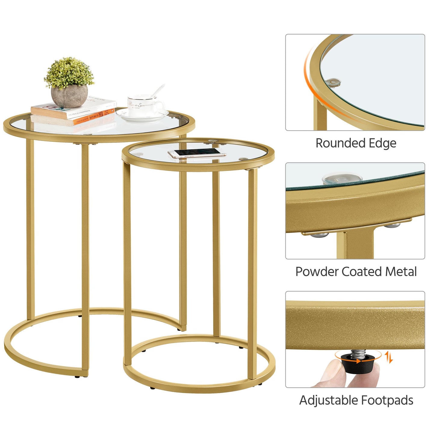 Yaheetech Round Nesting Side Table Stacking Coffee Table, Set of 2 Circular End Tables w/Metal Frame & Tempered Glass Top & Protective Foot Pads for Small Space Living Room Office, Mustard Gold