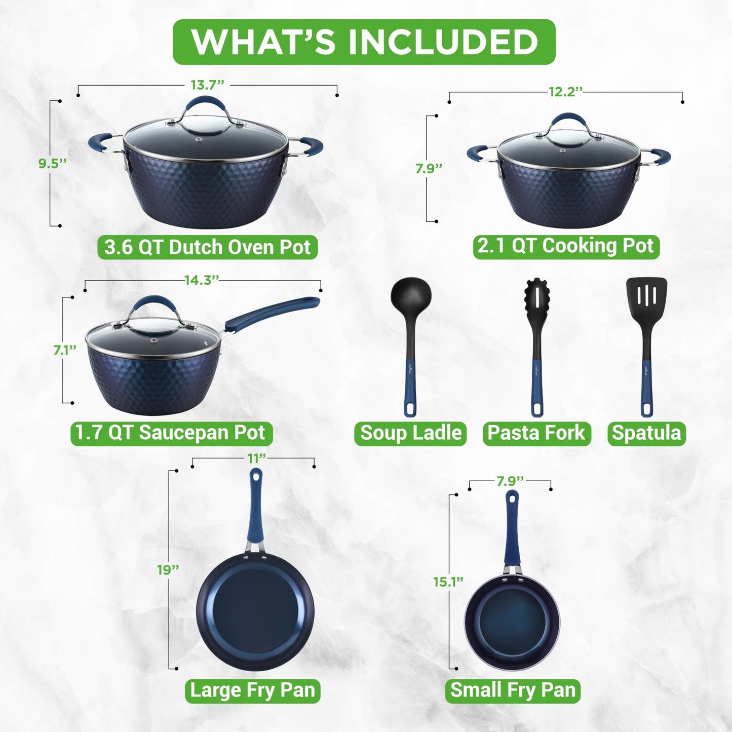 NutriChef 11 Pc Blue Diamond Nonstick Ceramic Cookware Set - Durable Pots and Pans with Cool-Touch Handles, Lids, Utensils