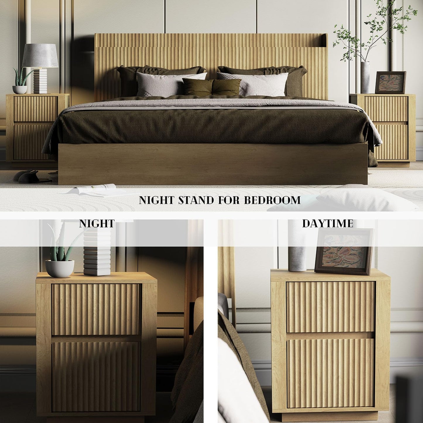 Modern Nightstand with USB Charging Ports, Wavy Bedside Table for Bedroom, Wood End Table Storage Cabinet for Living Room Sofa Office (Double Drawer)