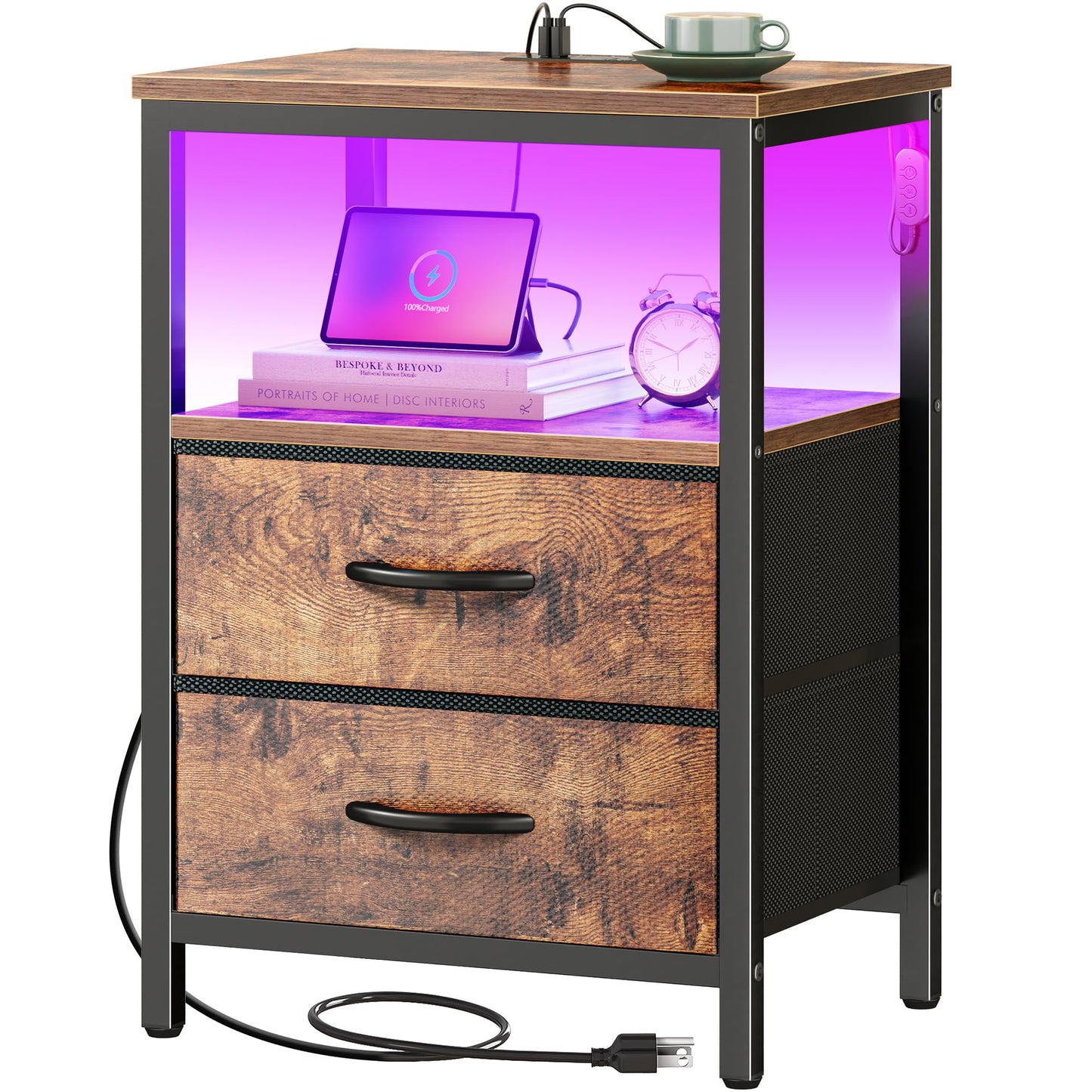 Huuger Night Stand with Charger Station and LED Lights, 2 Drawer Nightstand, Bed Side Table with Open Shelf, End Table, Fabric Dresser for Bedroom, Black