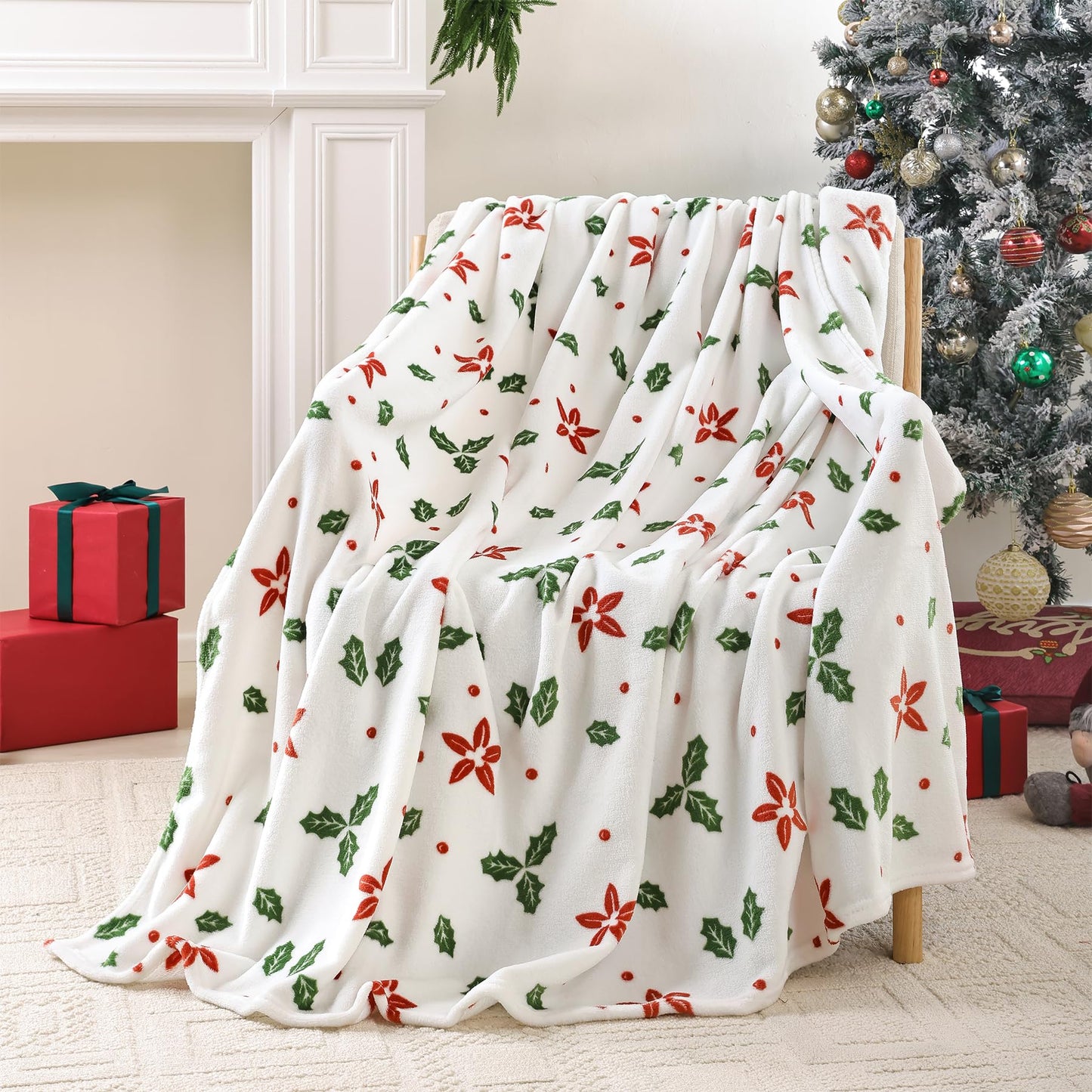 Fleece Print Throw Blanket, Super Soft Plush Cozy Fuzzy Red Floral and Green Leaves Printed Throw Blankets for Couch Sofa Bed, and Home Décor, Microfiber Flannel, All Seasons 50x60 Inches
