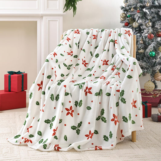 Fleece Print Throw Blanket, Super Soft Plush Cozy Fuzzy Red Floral and Green Leaves Printed Throw Blankets for Couch Sofa Bed, and Home Décor, Microfiber Flannel, All Seasons 50x60 Inches