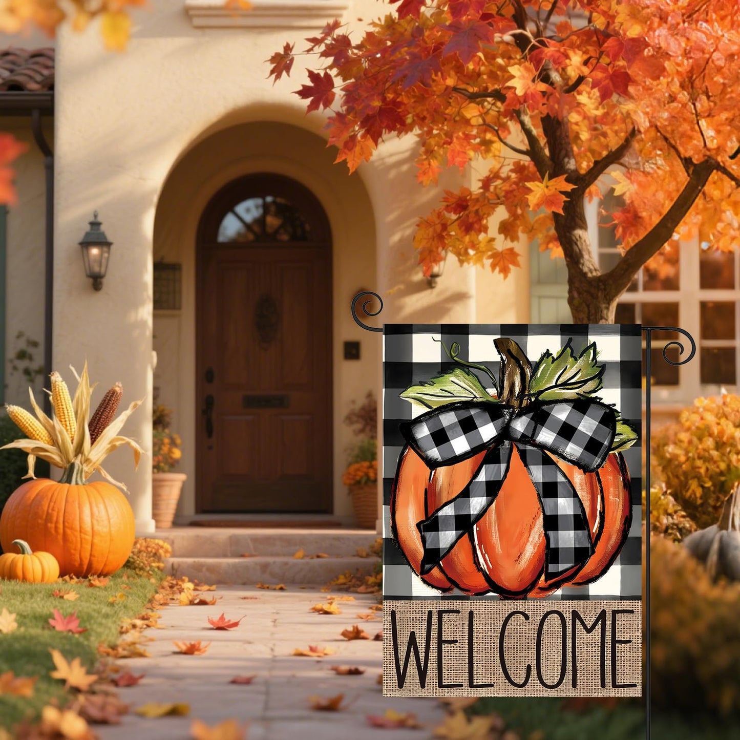 CJYGEGE Fall Pumpkin Welcome Fall Garden Flag for Outside 12x18 Inch, Double Sided Buffalo Plaid Autumn Garden Flags - Thanksgiving Harvest Decoration Burlap Yard Flag for Outdoor Holiday Festivities