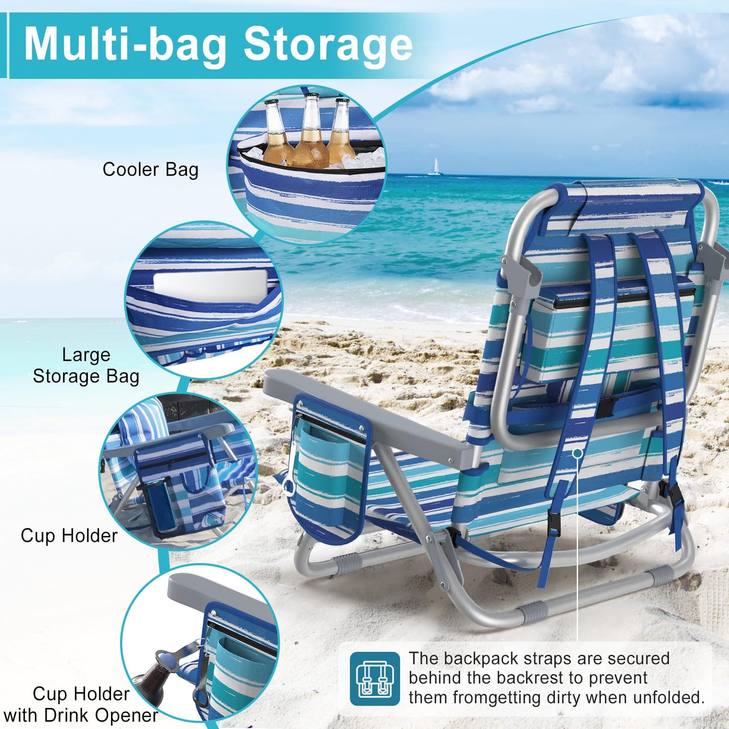 Suteck Beach Chair, Adjustable 5-Position Backpack Beach Chairs for Adults Kids, Foldable Lay Flat Chair with Cooler Bag, Cup Holder and Lumbar Pillow, Reclining Lay Down Chairs for Lawn Outdoor