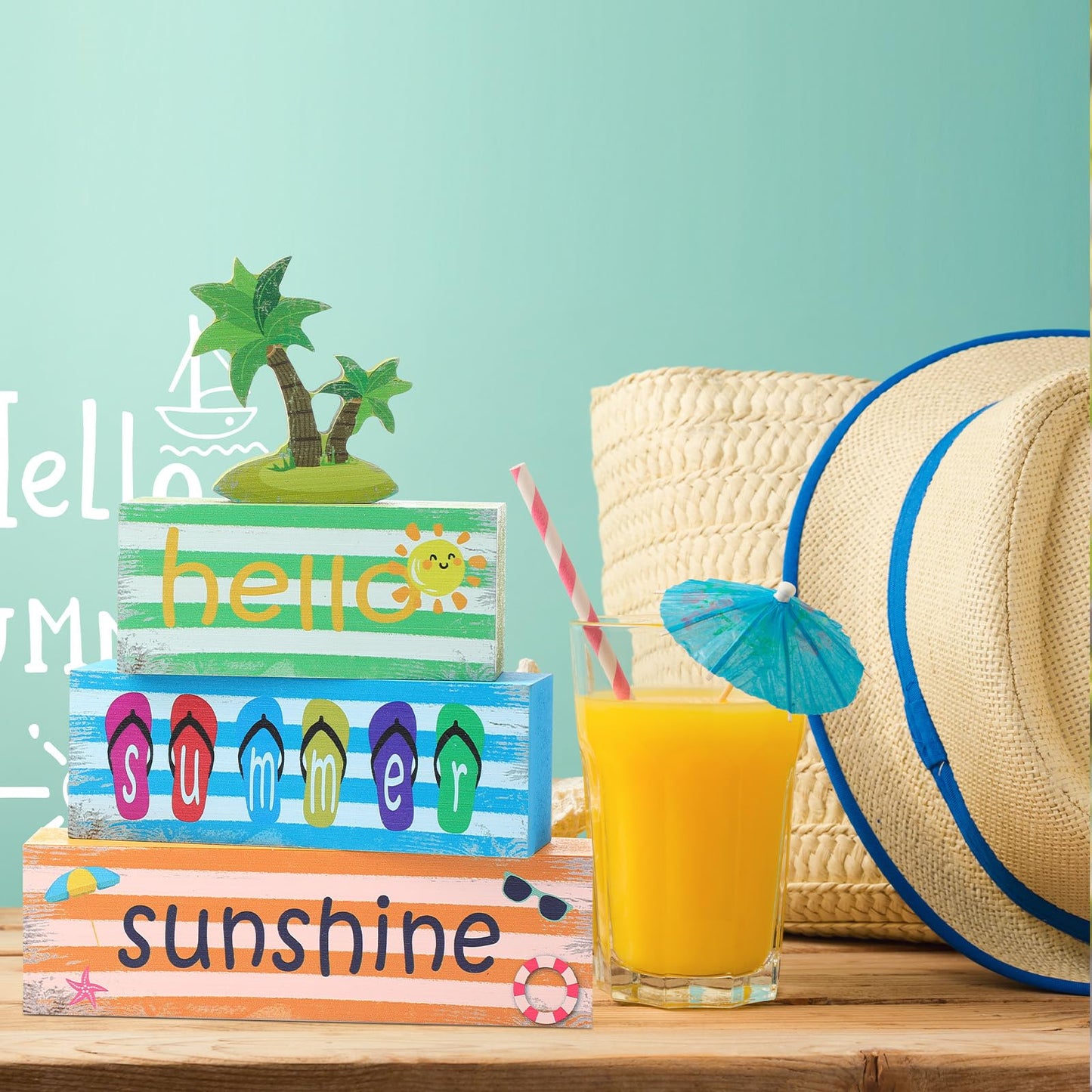 Hello Summer Wooden Tiered Tray Decor - Rustic Farmhouse Table Centerpiece & Shelf Decor for Home Office Indoor, Summer Tabletop Sign Blocks with Books Stack Design,Kitchen Decorations(Set of 4)