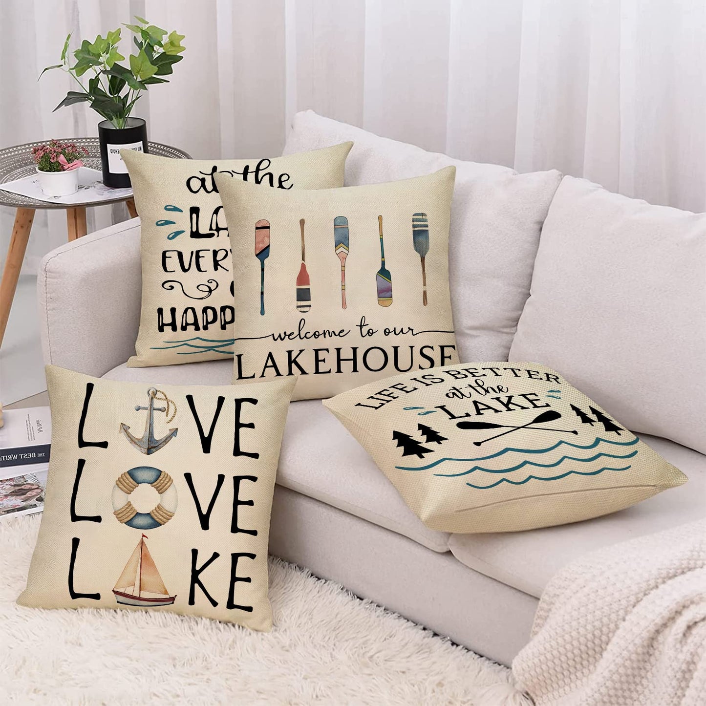 Softxpp Life is Better at the Lake House Decorative Throw Pillow Cover Set of 4, Farmhouse Paddles Anchor Lakehouse Cushion Case, Lakehouse Rustic Spring Summer Home Decoration Pillowcase Decors 18x18