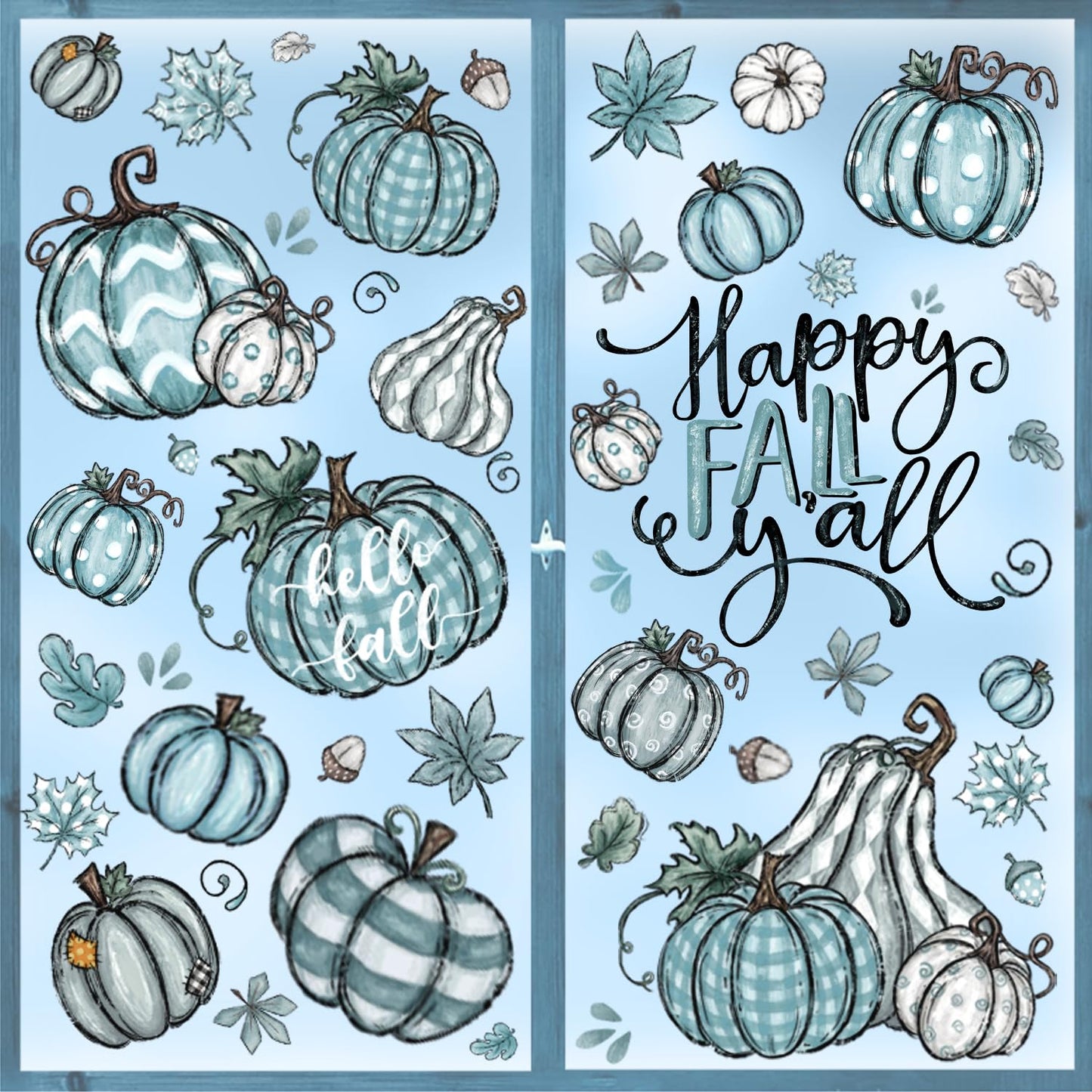 YUJUN 6 Sheets Thanksgiving Fall Window Clings, Pumpkin Maple Leaves Blue Oil Painting Decals Stickers for Autumn Glass Home Decor and Fall Decoration