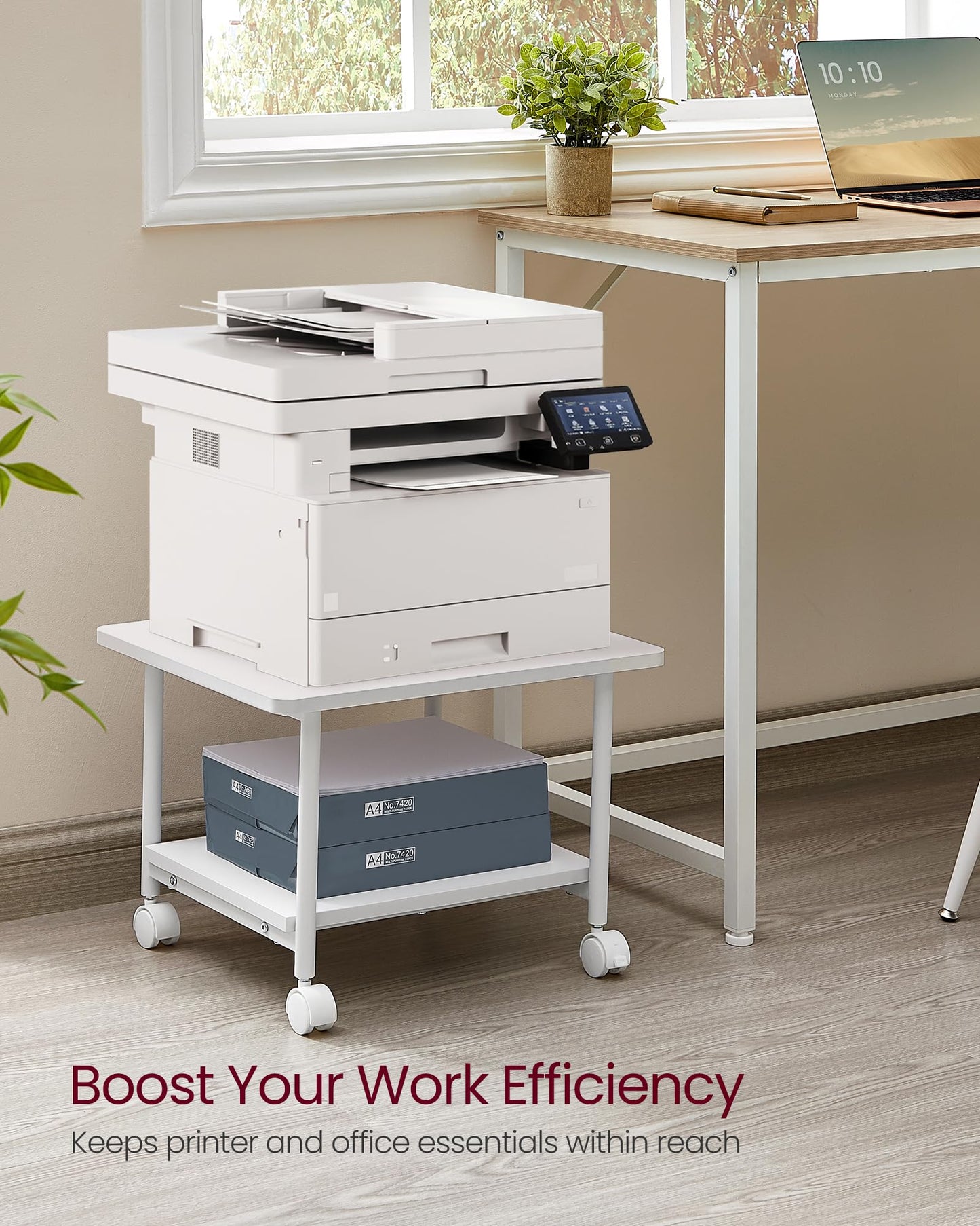 VASAGLE Printer Stand with Locking Wheels, 2-Tier Shelf, Industrial Under Desk Heavy-Duty Mobile Cart for Home Office, White UOPS002W01