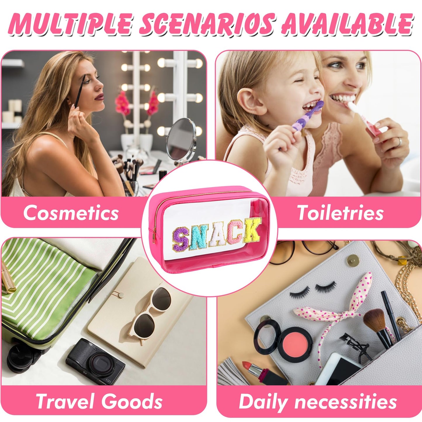 URSKYTOUS Chenille Letter Clear Makeup Bag Large Travel Preppy Patch Snack Cosmetic Bag with Zipper Cute Makeup Pouch Transparent PVC Waterproof Toiletry Organizer Storage for Women Girls (Hot Pink)