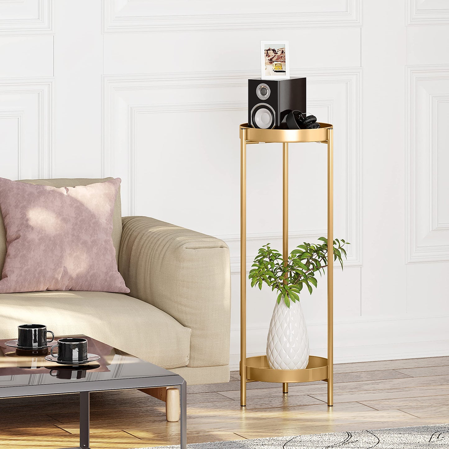 Philodwell Metal Gold Tall Plant Stand Indoor or Outdoor - 30 inch 2 Tier Modern Corner Planter Shelf Rack with 2 Removable Display Shelves(10 inch) for Bedroom Living Room Balcony