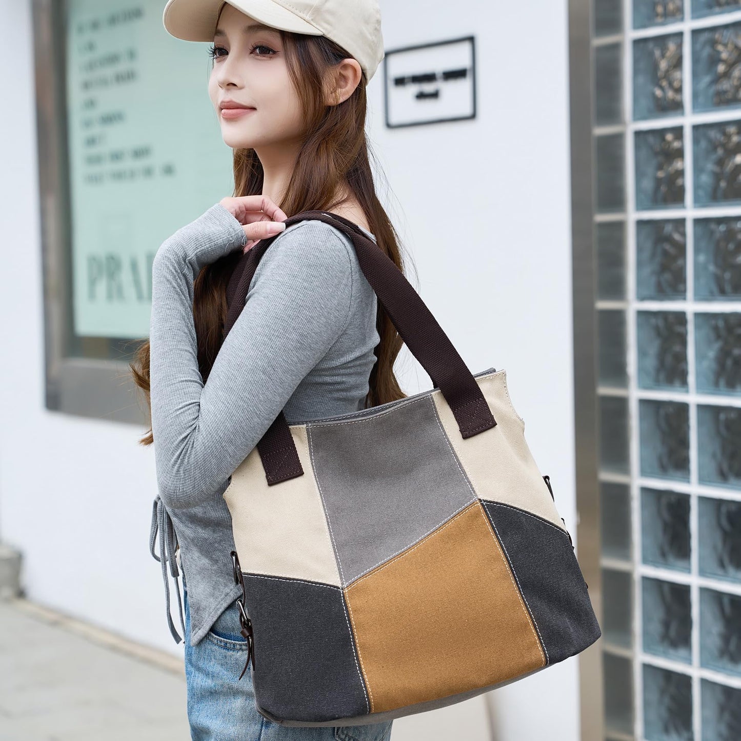 LAKE OF FIRE Women's Canvas Handbags Tote Purse for Work,Medium Casual Multi Pocket Crossbody Tote Bag with Shoulder Strap(Gray)