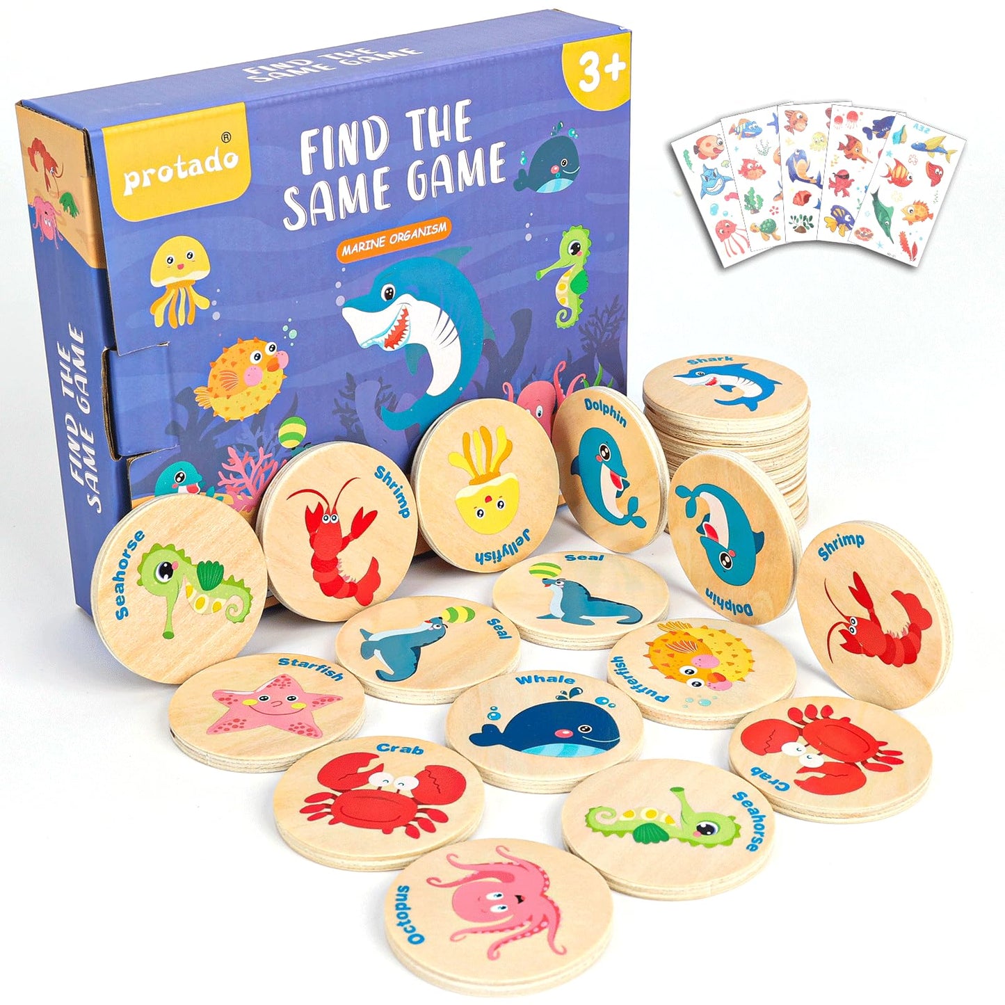 Wooden Match Memory Game for Kids, 24Pc Memory Matching Cards with 5Pc Tattoo Stickers, Educational Memory Matching Game for Pre-Kindergarten Early Learning Development Kids-Dinosaur