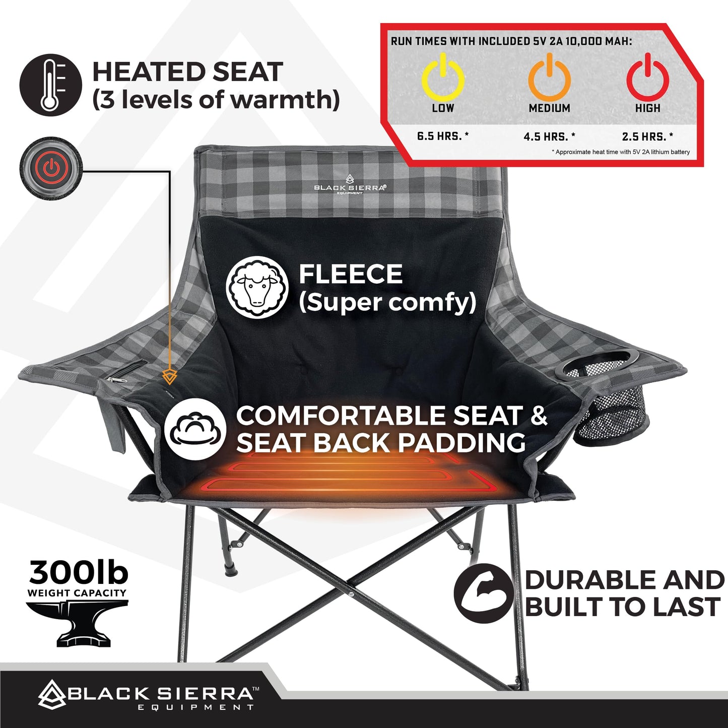 Black Sierra Heated Camping Chair with Battery – XL Fleece Foldable Seat, 3 Heat Settings, Heavy-Duty Steel Frame Supports 300 lbs – Portable, Lightweight for Camping, Sports, Patio, Events