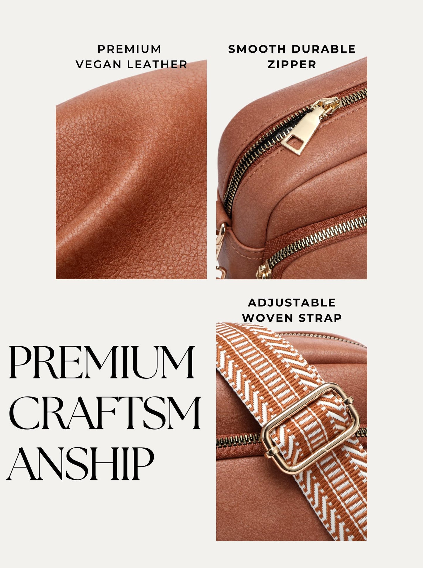 Botimmy Crossbody Bags for Women, Small Cross Body Purse Vegan Leather Triple Zip Shoulder Handbag with Adjustable Wide Strap Brown