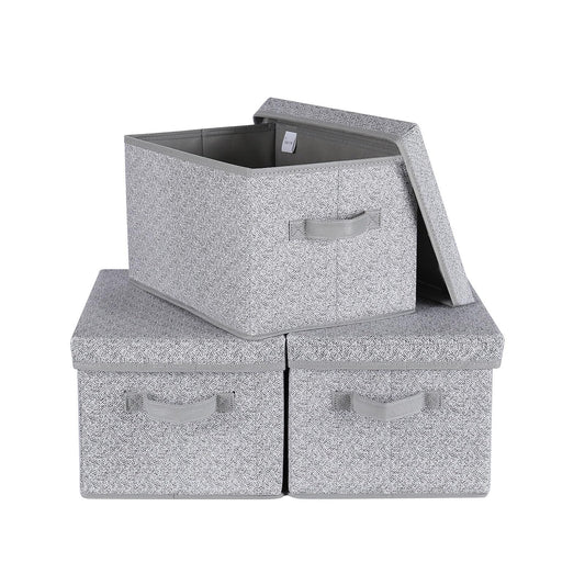 WUIKE Foldable Storage Bins with Lids, Storage Boxes with Handles, Closet Shelf Organizer, Fabric Storage Baskets for Bedroom, Decorative Storage Containers, Large, Ash Gray, 3-Pack