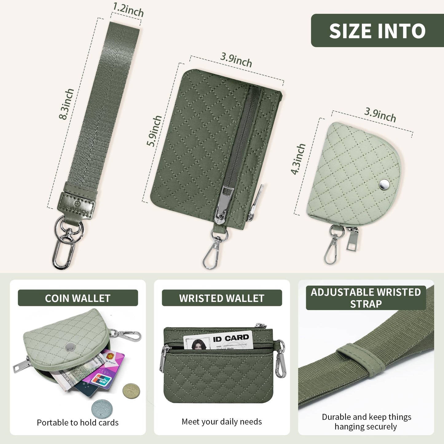 Lavarach Keychain Wallet Quilted Grid Mini Zip Around Wristlet Wallets for Women Detachable Dual Pouch Wristlet Portable Coin Purse Small Wallets Green