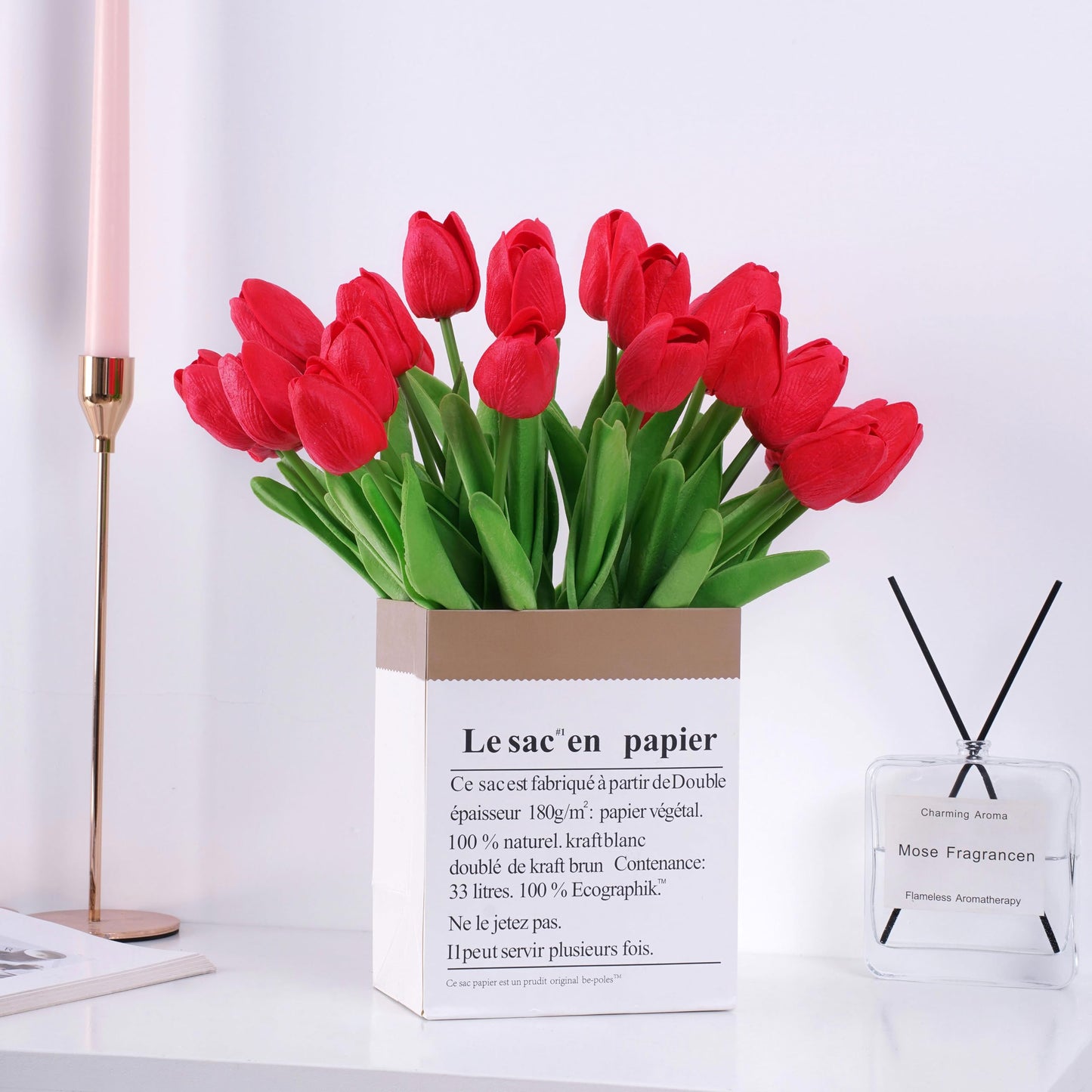 DZRDYL 20pcs Red Artificial Tulip Fake Flower 12.9 Inch Spring Mother's Day Easter Gift for Home Kitchen Wedding Decoration