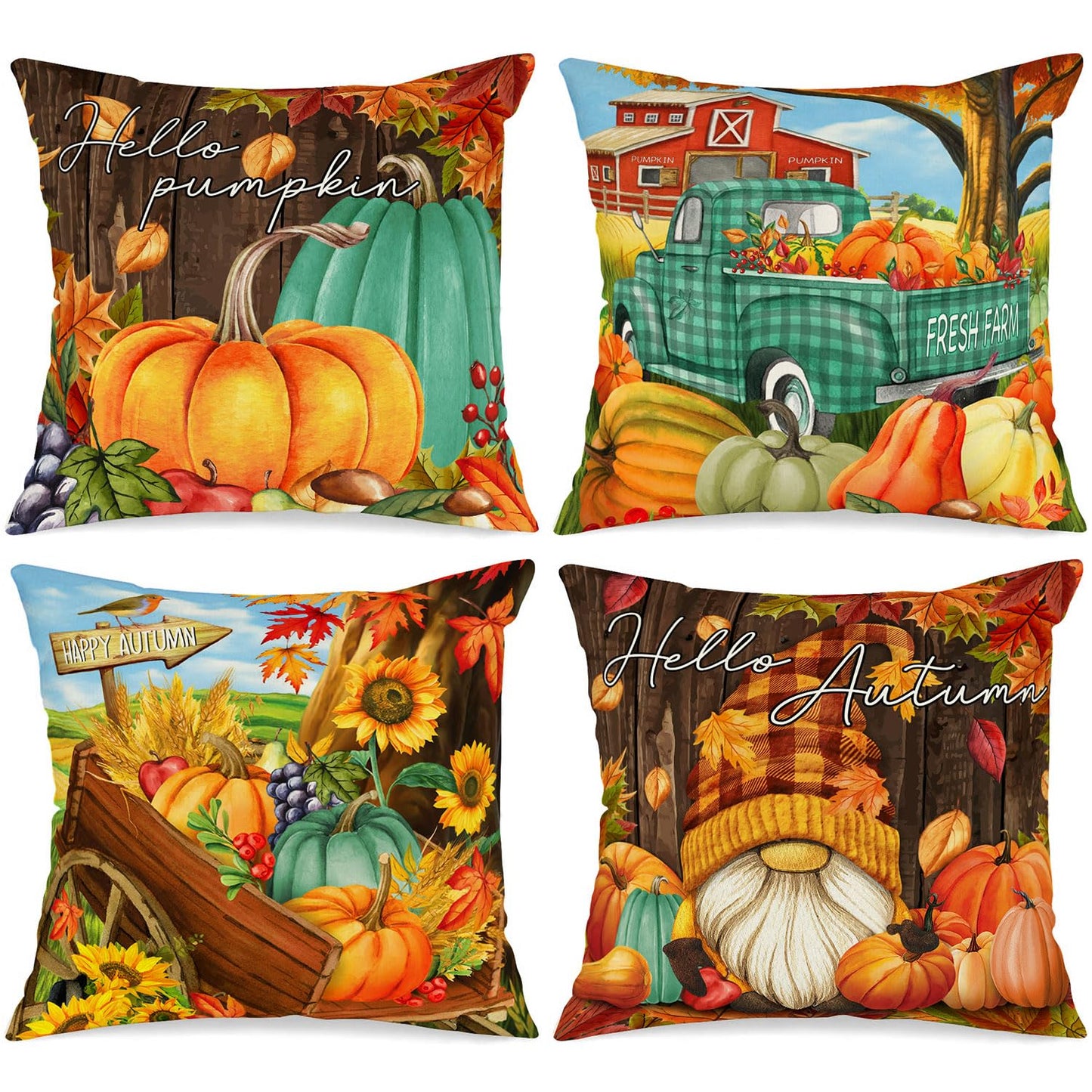 Ywlake 18x18 Fall Pillow Covers Set of 4, Pumpkin Gnomes Decorative Holiday Pillow Case 18 Inch Autumn Cushion Covers Thanksgiving Pillowcase for Indoor Home Bedroom Couch Sofa Decor