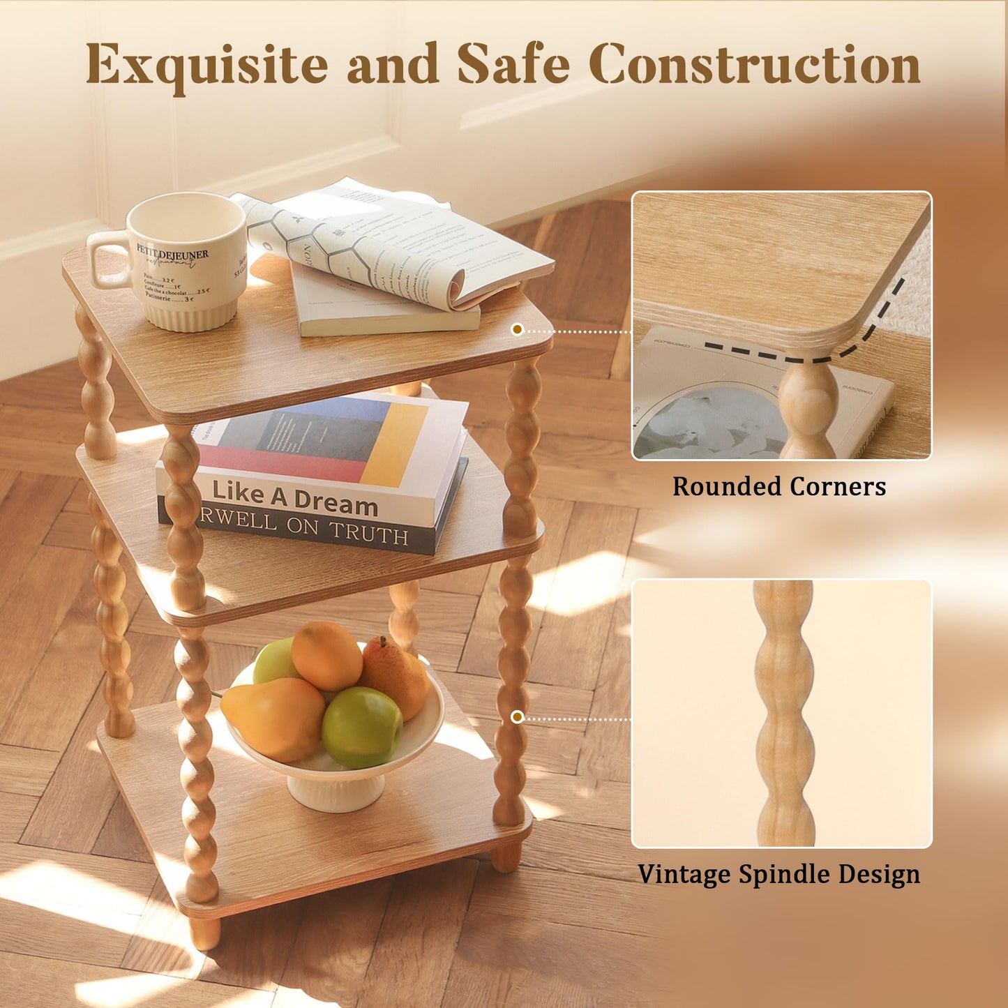 Fultyle End Table, Modern Side Table with 3 Tier Open Shelf, Small Table Bed Side Tables Bedroom for Small Spaces, Living Room and Office (Rustic Walnut)