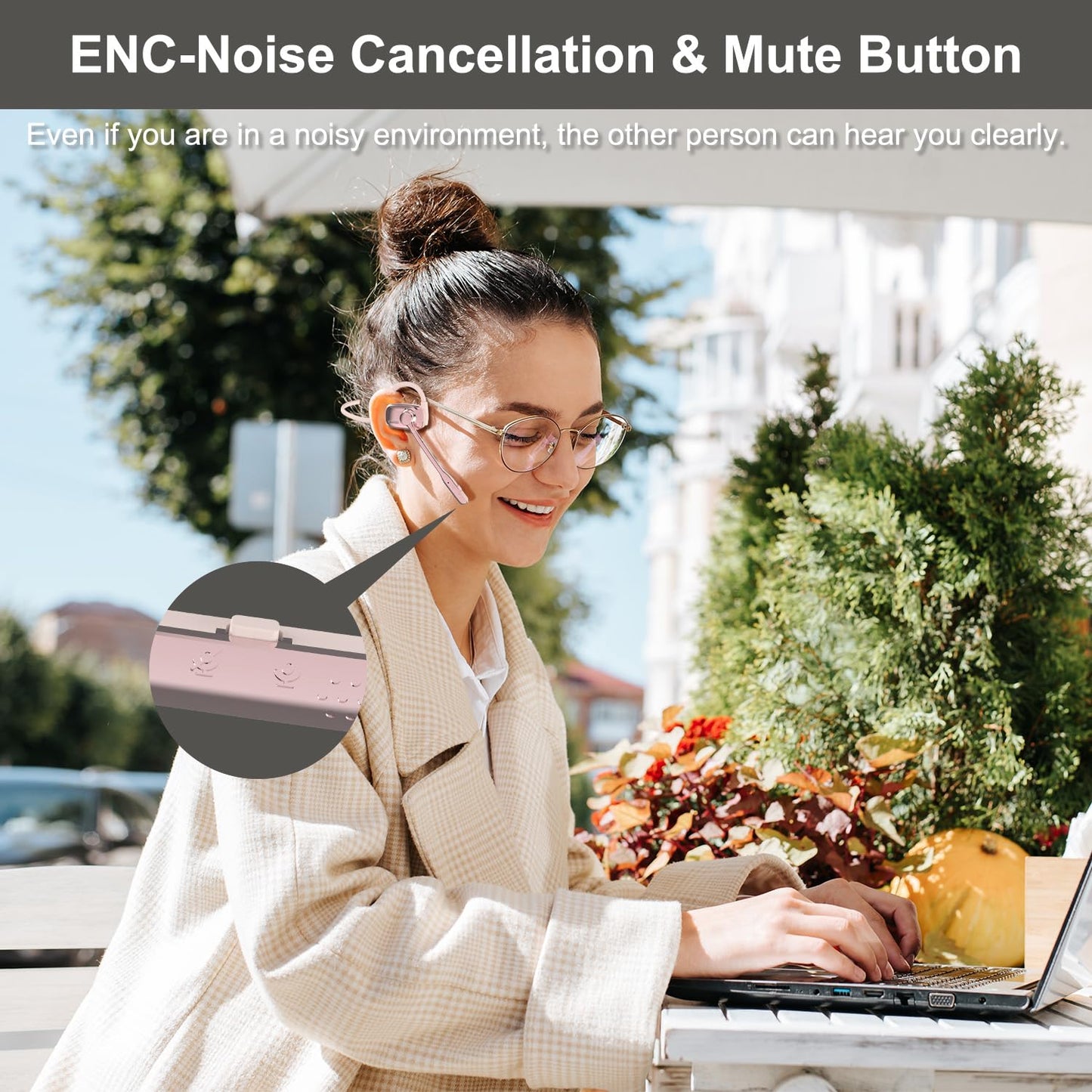 Bluetooth Headphones, LK12 Bluetooth Wireless Headphones with Noise Cancelling Mic, 15.4mm Diaphragm Driver, Open Ear Headset for Meeting Running Cycling (Pink-Louder Volume for Indoor Outdoor)