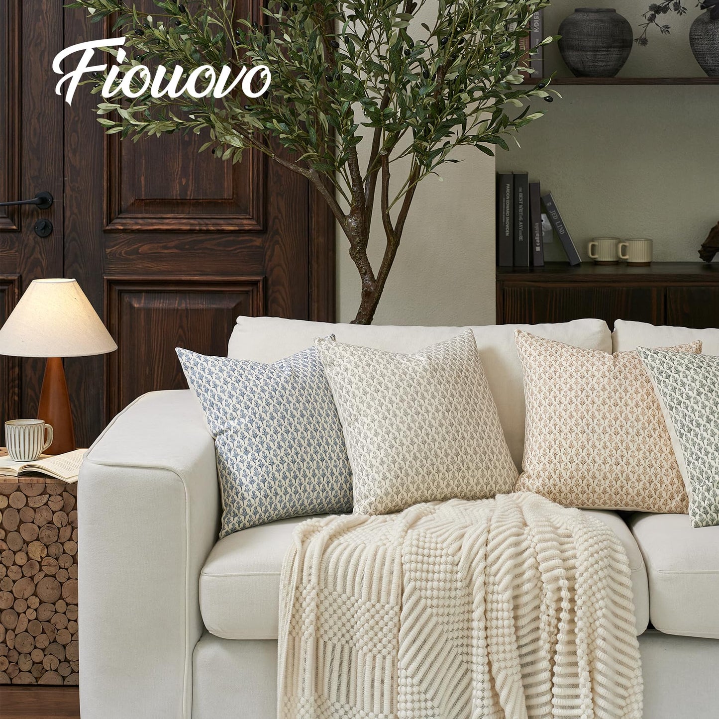 FIOUOVO Floral Pillow Covers 18x18 Pillow Cover Block Print Couch Pillows for Living Room Decorative Neutral Accent Throw Pillow Covers, 1PC, Light Taupe