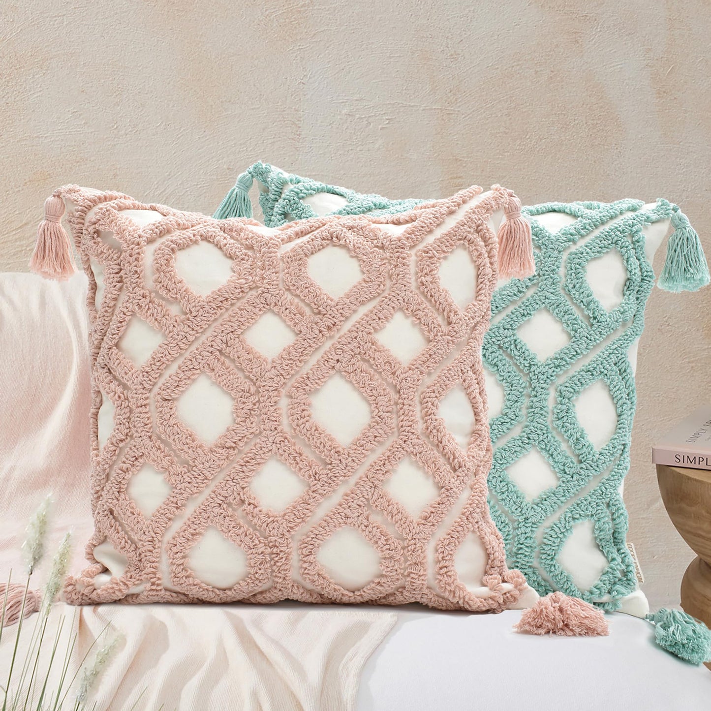 LOOPUINHOM Boho Pillow Covers 18X18 Inch Boho Tufted Throw Pillow Covers Decorative Tassels Cushion Cover Farmhouse Pillow Case for Couch Sofa Bed Living Room Bedroom, Aqua Green