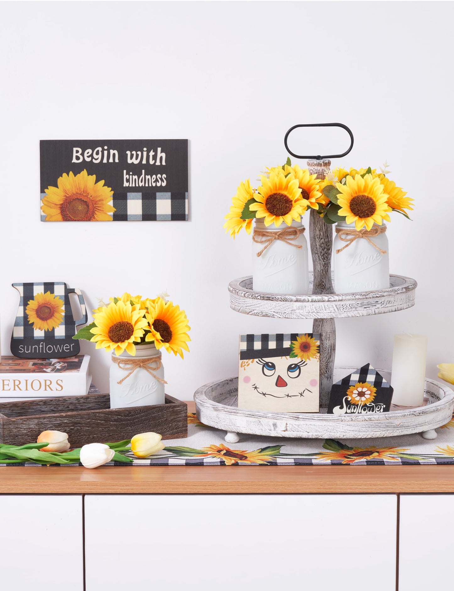 Mason Jar Sunflower Kitchen Decor, Spring Centerpieces for Tables with Sunflowers Artificial Flowers, Farmhouse Wood Tray, Sunflower Spring Bathroom Table Decor, Centerpiece Table Decorations for Home