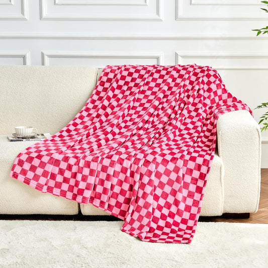 FY FIBER HOUSE Hot Pink Checkered Throw Blanket for Couch Soft Cozy Checker Blankets, 50"x60"