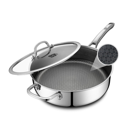 Frying Pans Nonstick with Lid,Hybrid Non Stick 5 Quart Saute pan,PFOA Free Cookware,Stainless Steel skillet,12 inch Deep Saute Pan,Dishwasher&Oven Safe,Works on All Cooktops