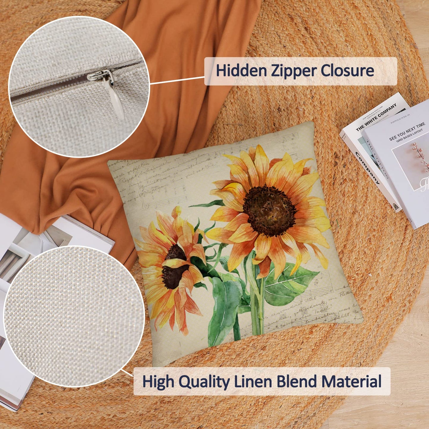 Neatee Living Set of 4 Sunflower Decorative Throw Pillow Covers 18x18 Inch Plant Pillow Covers Linen Square Pillow Cases Summer Flower Outdoor Sofa Couch Home Bed Decor Cushion Covers (18 by 18)