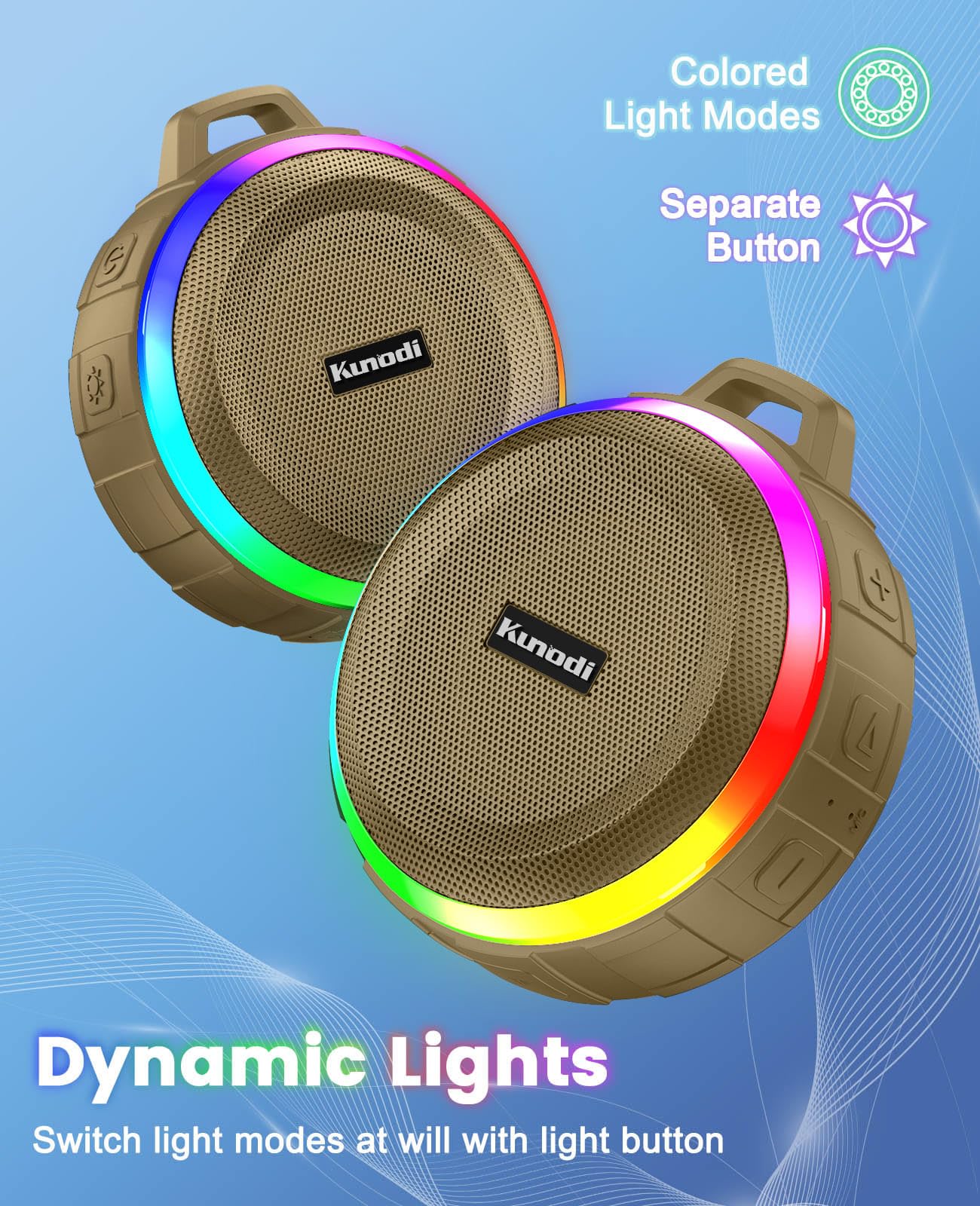 Kunodi Bluetooth Shower Speaker with IPX7 Waterproof, Dynamic Lights, Crisp Clear Sound, True Wireless Stereo, Clip Portable for Pool Beach Boat Kayak Float Golf