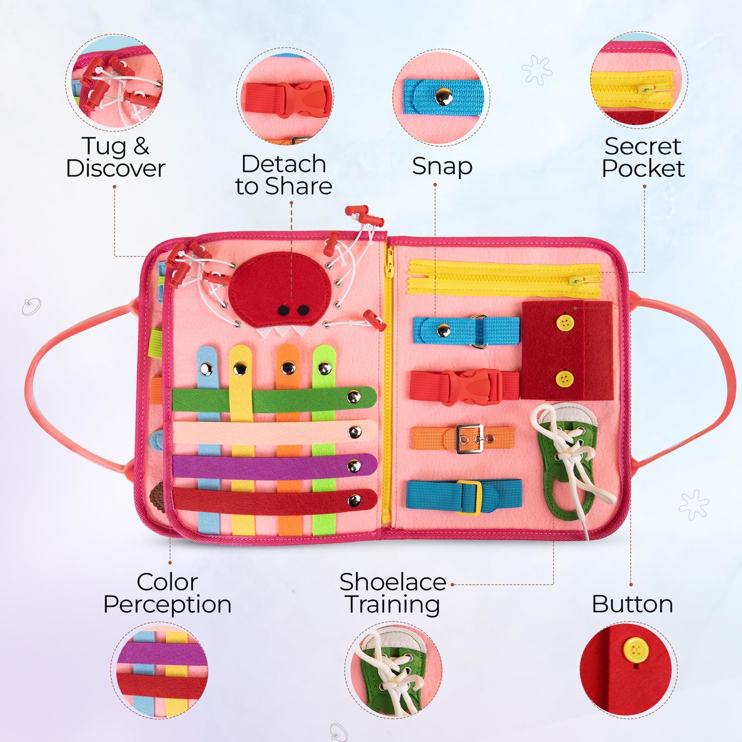 JAGSYJOY Montessori Busy Board Book, Toddlers, Sensory Activities and Preschool Learning - Toy for Home, Airplane and Car Travel (Pink)