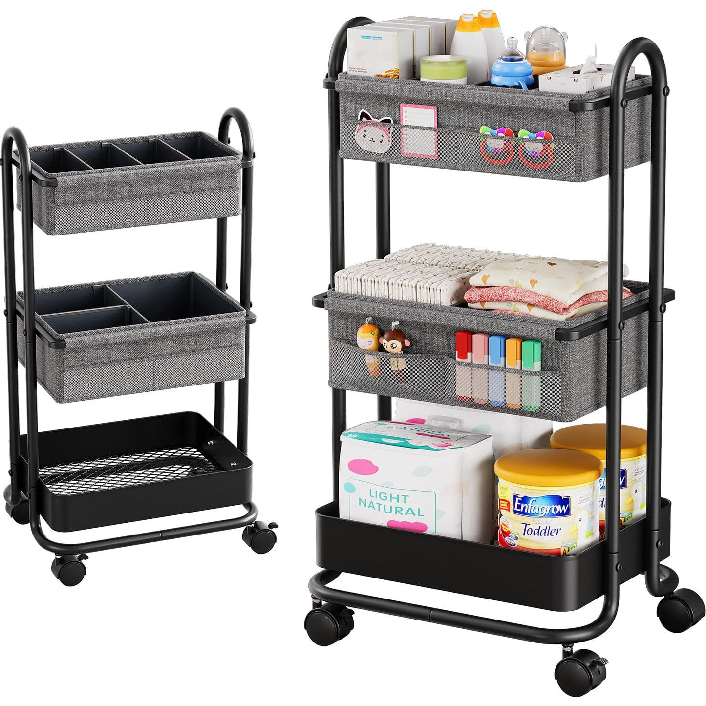 Modanais Baby Diaper Caddy Organizer Cart - 3 Tier Rolling Storage Cart with Wheels, Baby Essentials for Nursery Storage, Detachable Dividers - for Crib, Bedroom, Art & Craft Organizer (Black)