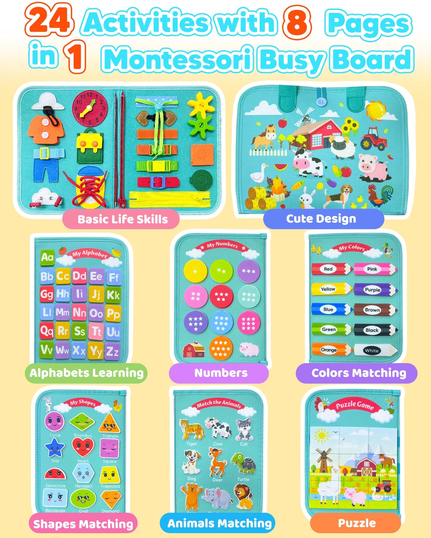 Walenty Busy Board Montessori Toys for Toddler Boy Girl Birthday Gifts, Busy Book Sensory Learning Toys for Toddlers, Educational Activities Airplane Car Travel Toy for Toddlers