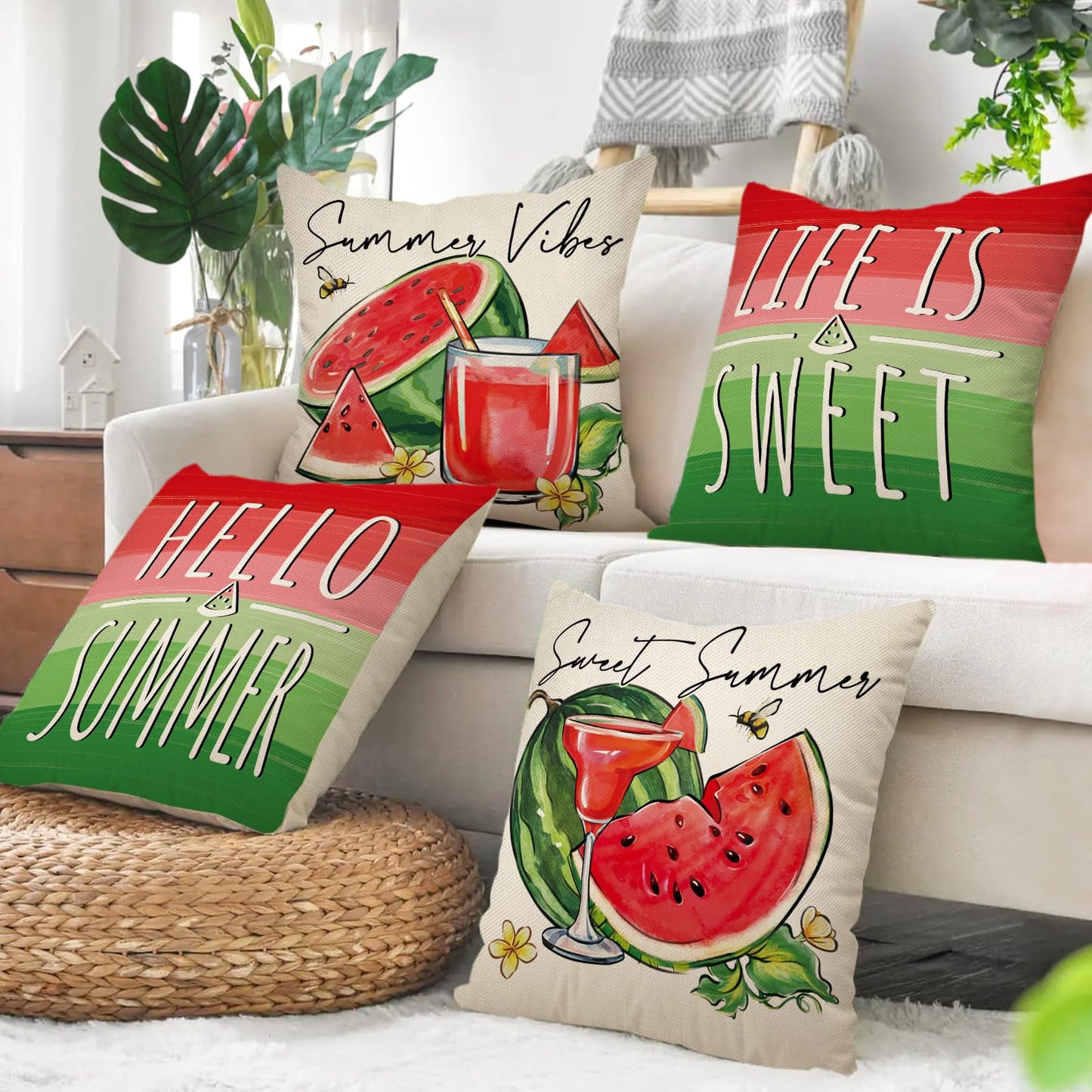 Ussap Hello Summer Watermelon Decorative Throw Pillow Covers 18 x 18 Set of 4, Life is Sweet Red Green Stripes Cushion Case Decor, Summer Vibes Fruit Juice Bees Seasonal Home Decoration for Sofa Couch