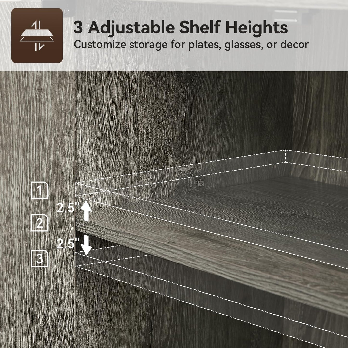 BedsPick 45.3" Buffet Cabinet with Storage, Farmhouse Sideboard Cabinet with Wine Glass Rack, Kitchen Accent Coffee Bar with Adjustable Shelf for Dining Living Room (Grey)