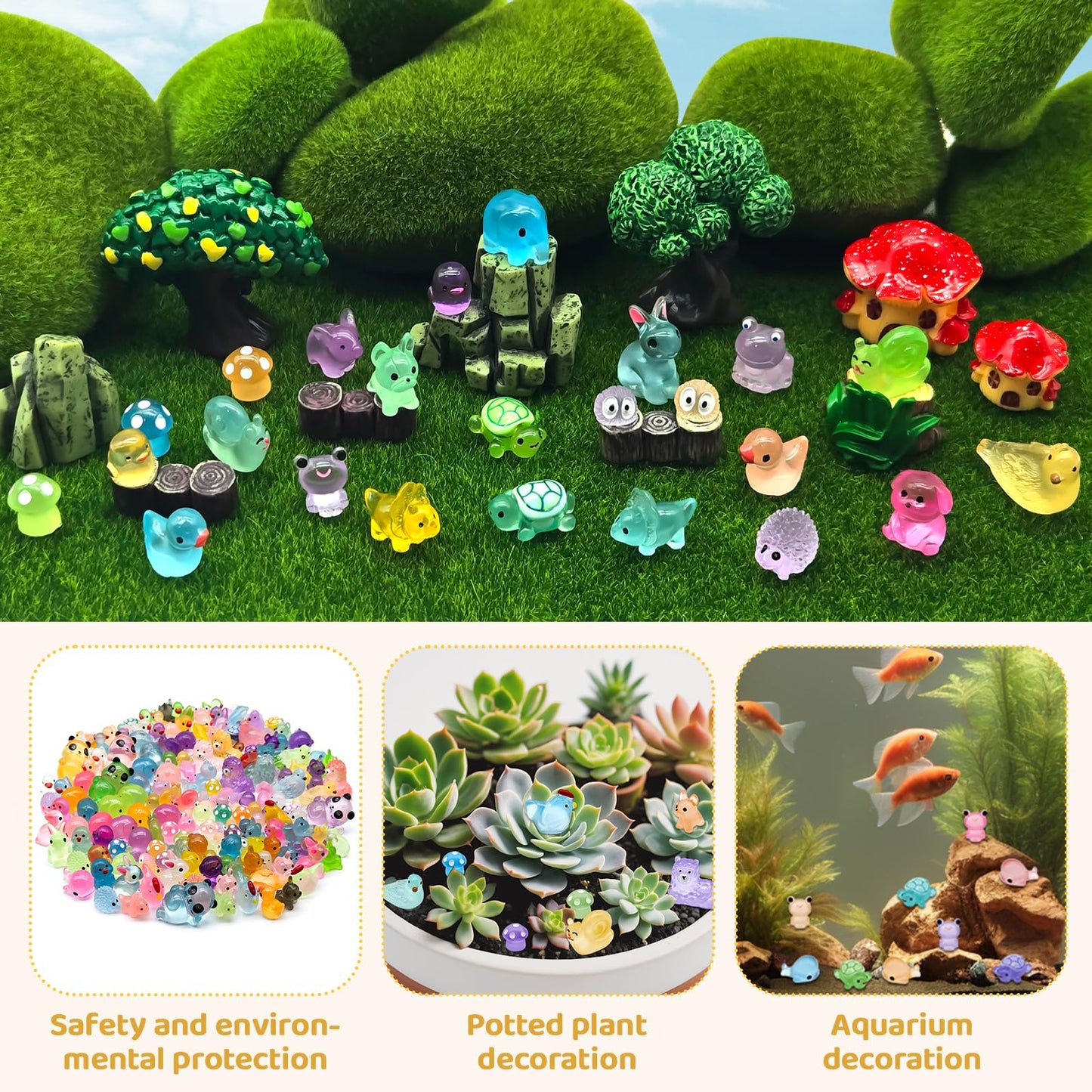 120PCS Luminous Mini Resin Animals Tiny Animals Figures to Hide, Mini Ducks Chicken Rabbits Glow in The Dark Miniature Fairy Garden Accessories, Landscape Dollhouse Decor Aquarium Potted Decoration