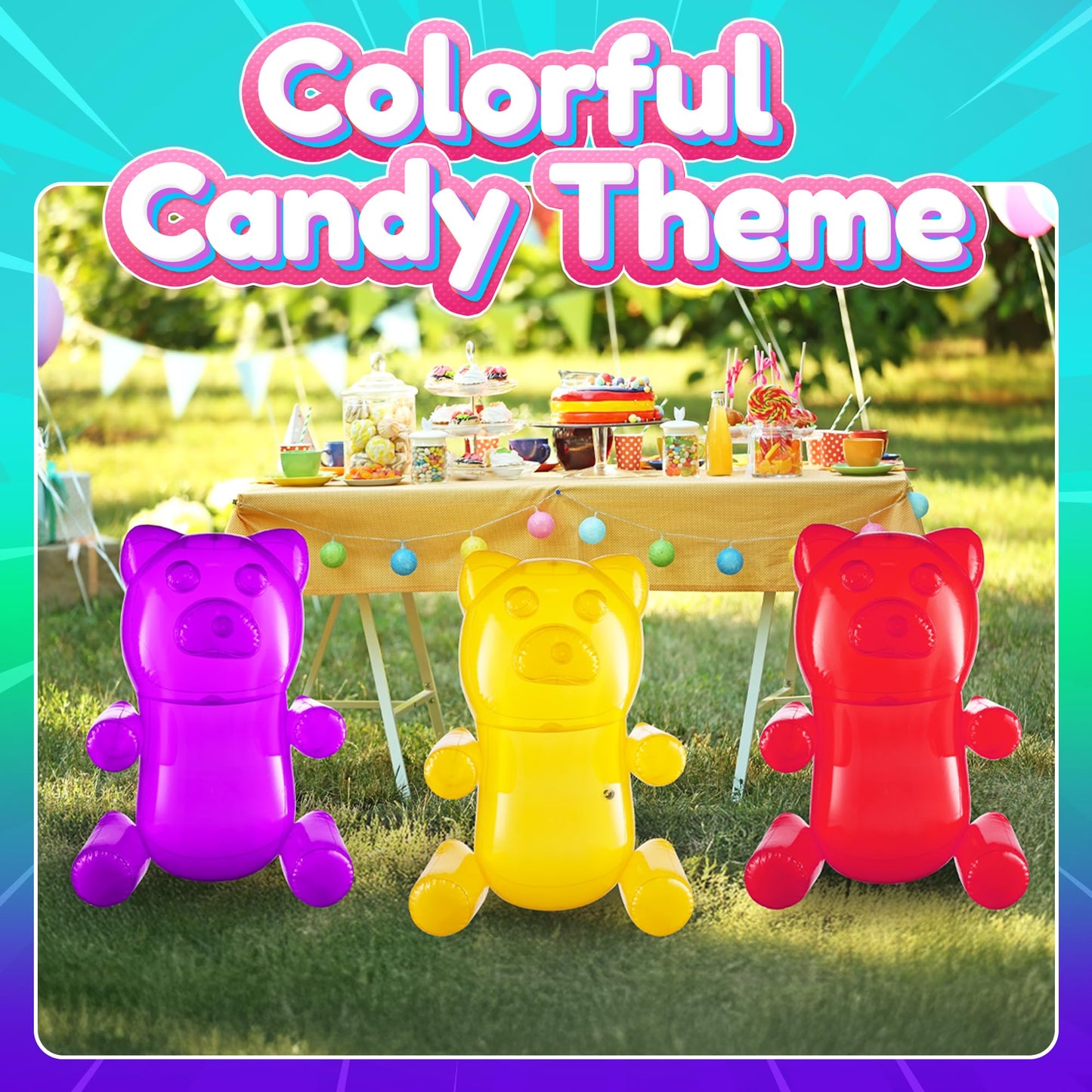 24" Inflatable Gummy Bears (Pack of 3) Big Huge Blow Up Gummy Bear Pool Toy Decorations, Birthday Party Supplies and Themed Candy Land Party Favors for Kids
