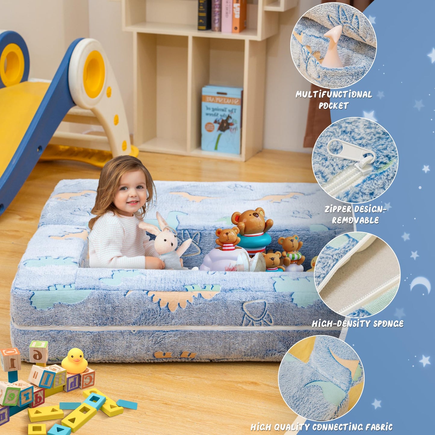 furlinkhm Toddler Couch, Glow in The Dark Kids Play Couch Toddler Fold Out Couch, Kids Fold Out Couch for playroom, Convertible Baby Fold Out Play Foam and Floor Cushion for Bedroom, Blue+Dinosaur