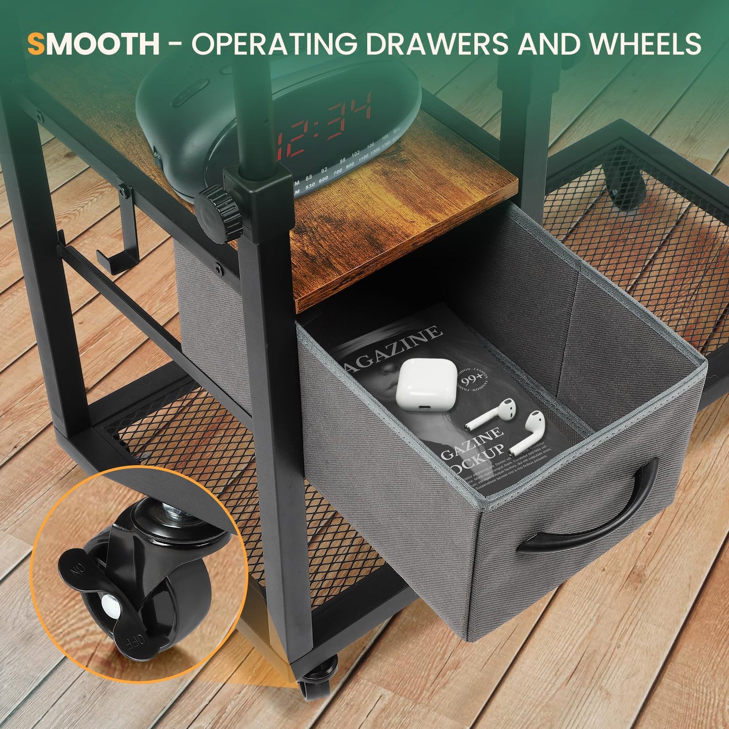 FAHKNS C Desk on Wheels, Height Adjustable Overbed Desk with Charging Station, Couch with Cup Holder, Hook, Drawers, C Shaped End Table for Couch, Over Bed, Living Room