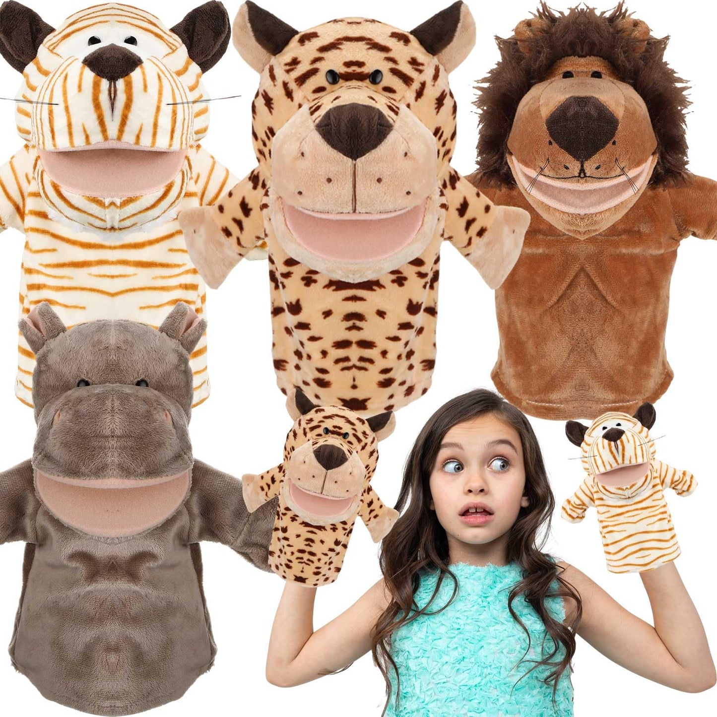 4 Pcs Hand Puppet Animal with Working Mouth 9.8 Inch Animal Puppet Soft Plush Toy for Storytelling Theater Preschool Birthday Gifts(Leopard, Hippo, Lion, Tiger)