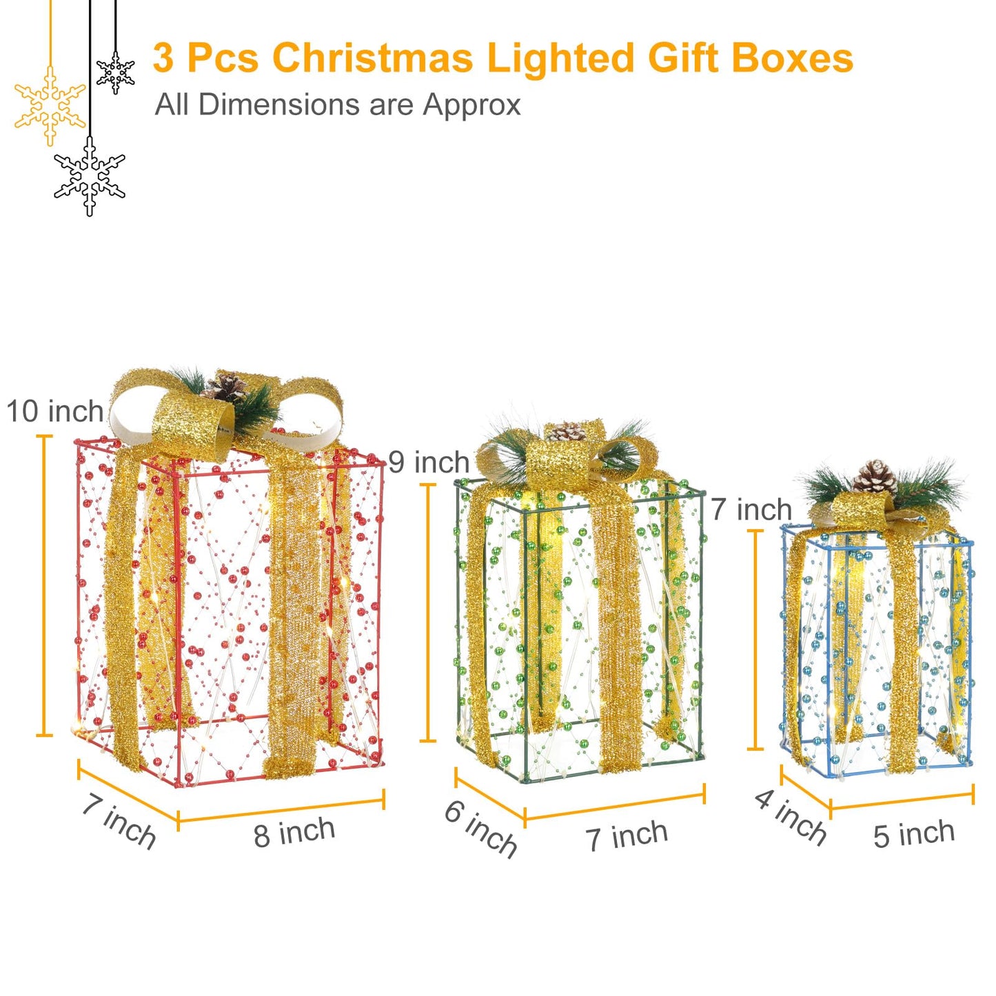 3 Pcs Christmas Lighted Gift Boxes, Pre-lit Xmas Present Boxes with Red Green Blue Beaded Ribbons 60 Warm White LEDs for Home Lawn Indoor Outdoor Christmas Decor