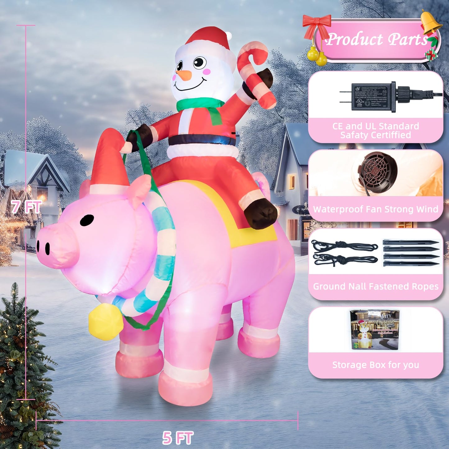7FT Christmas Inflatables Cute Inflatable Christmas Inflatable Santa with Pink Pig Christmas Decorations Outdoor Christmas Blow Up for Yard, Outside, Built-in LED Lights with Tether