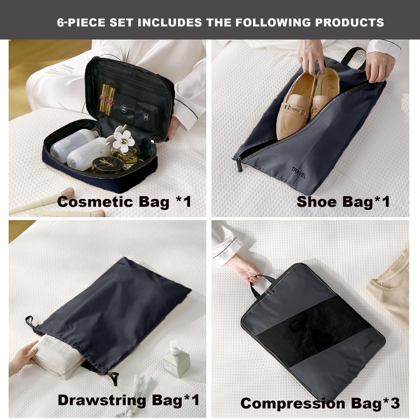 Baraida 6 Set Compression Packing Cubes for Suitcases, Space-Saving Packing Cubes for Travel, Durable Suitcase Organizer Bags Set for Travel Essentials, Double Zipper Compression Packing Cubes,Black