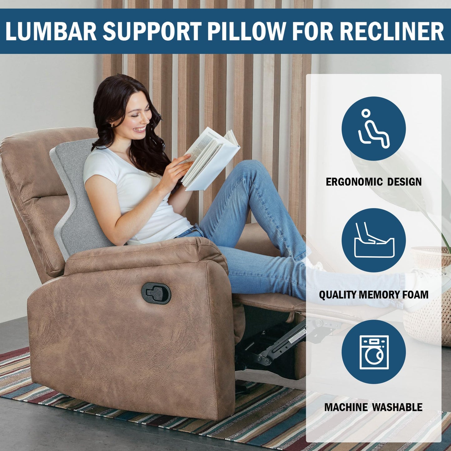 HOMBYS Ergonomic Lumbar Support Pillow for Recliner,Memory Foam Chair Back Support Cushion for Elderly,Extra Large Lumbar Support Pillow,Low Back Pain Relief Cushion,Grey