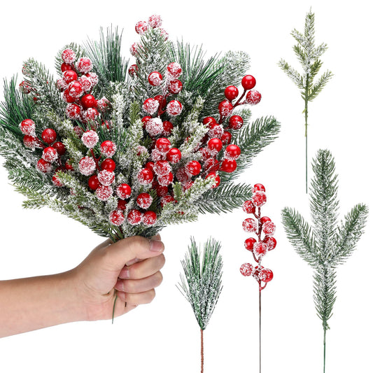 Lyrow 80 Pieces Christmas Snowy Pine Tree Picks Artificial Berry Stems Sprays Faux Cedar Pine Needles Branches for Holiday Arrangement Wreath DIY Garland Holiday Decor Winter Greenery (Red)