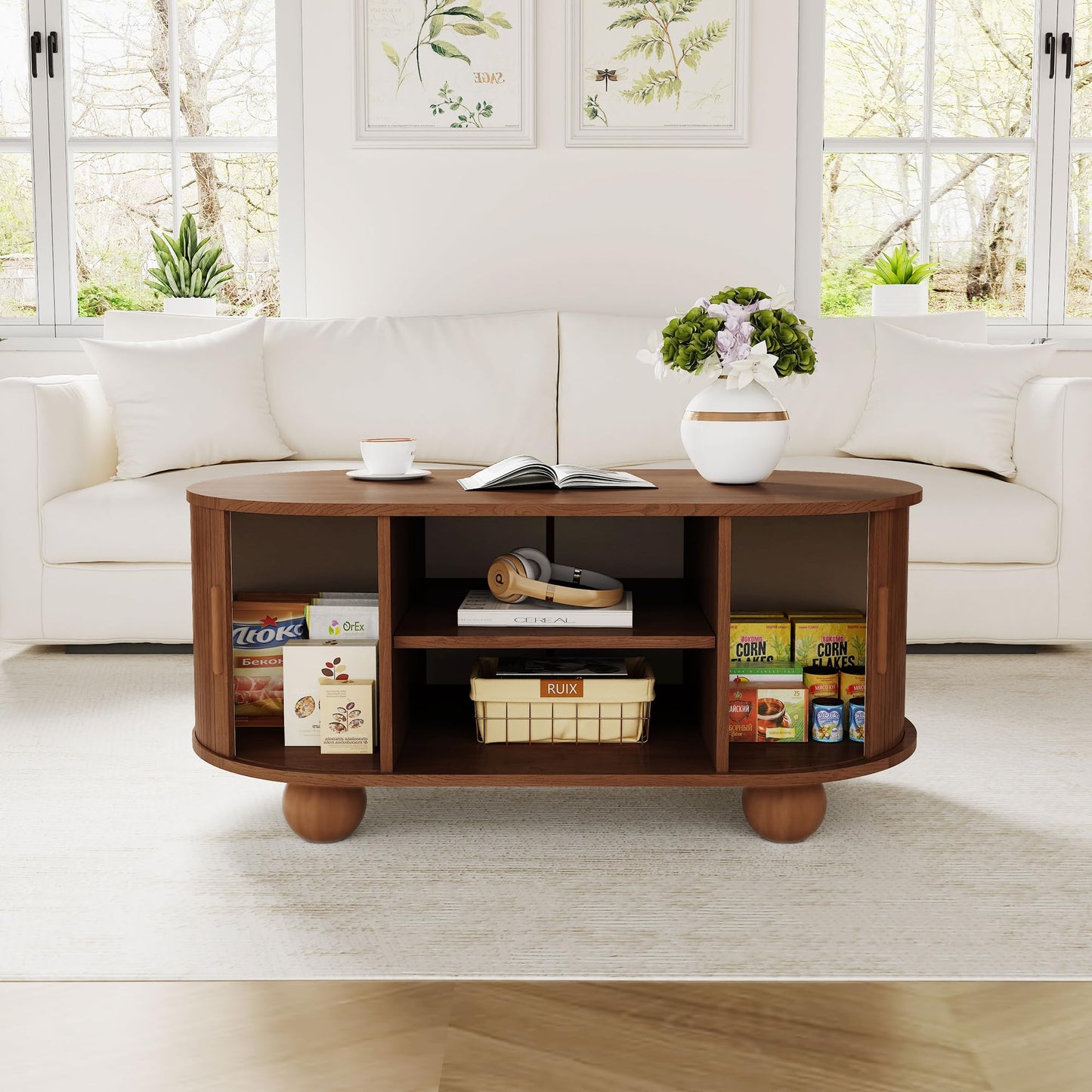 Rectangle Coffee Table, Mid-Century Modern Coffee Table with Storage & Sliding Doors, Fluted Coffee Table Center Table for Living Room, Dining Room, Apartment, Home Office (Walnut)