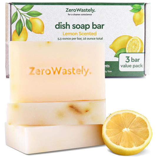 Natural Dish Soap Bar - Value Pack of 3 Solid Dish Soap Block 16oz - Lemon Scented, Long Lasting, Skin Friendly - Sustainably Made from 100% Organic Ingredients - Plastic Free Dish Soap