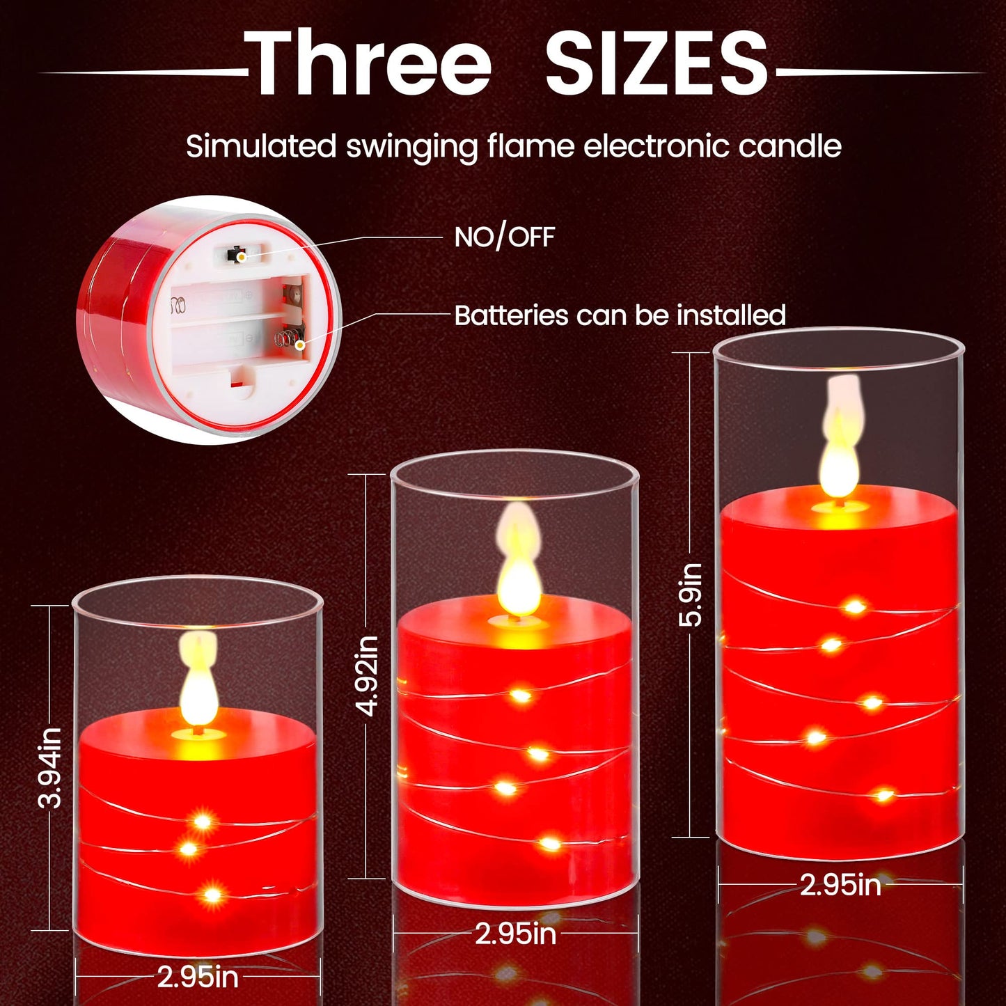 Da by Flickering Flameless Candles with Remote,Acrylic LED Candles with Embedded Star String,Battery Operated Candle, for Home and Holiday Decoration Set of 3（Red）
