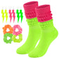 Neon Slouch Socks for Women, 80s 90s Scrunch Knee High Socks with Neon Earrings and Scrunchies for 80s 90s Party